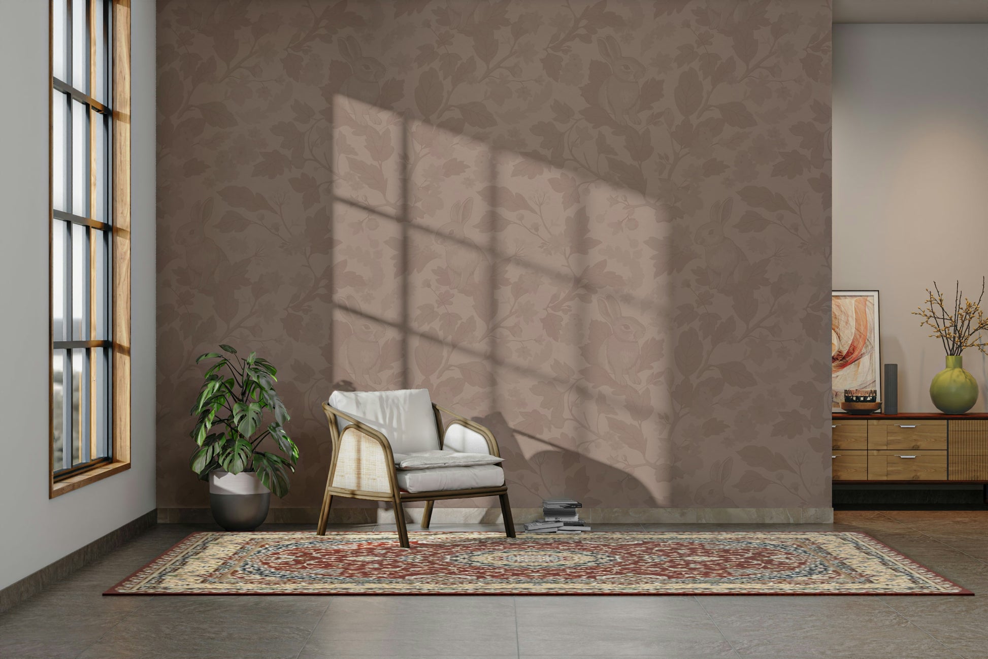 Vintage-style wallpaper in soft blush finish

