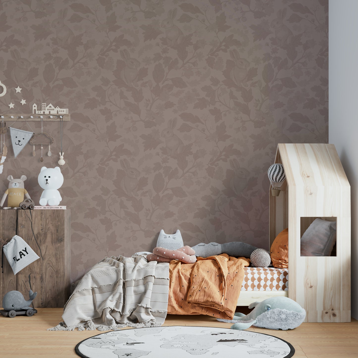 Warm blush mural wallpaper in living space

