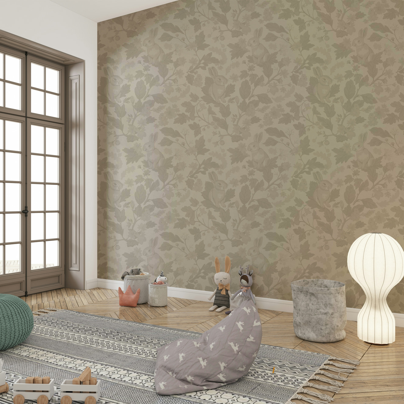 Classic beige mural wallpaper with subtle texture

