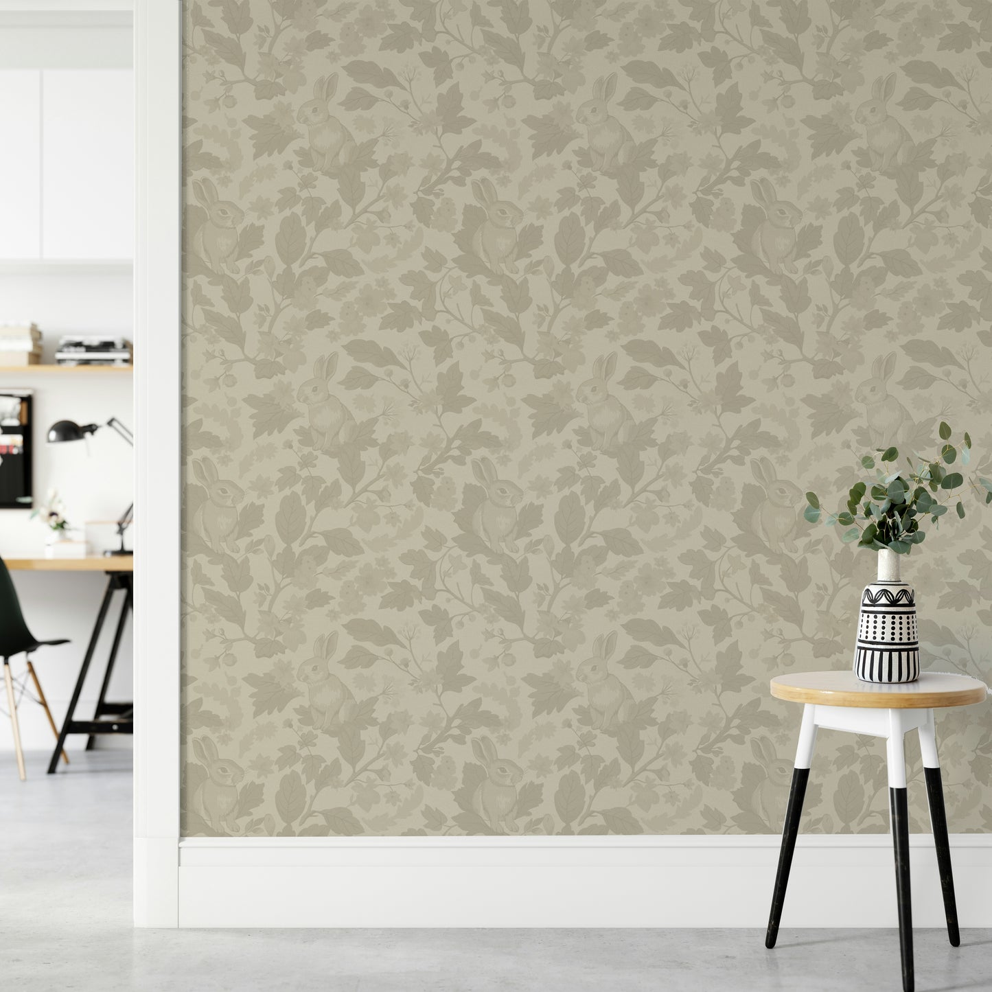 Vintage-style beige wallpaper in home interior

