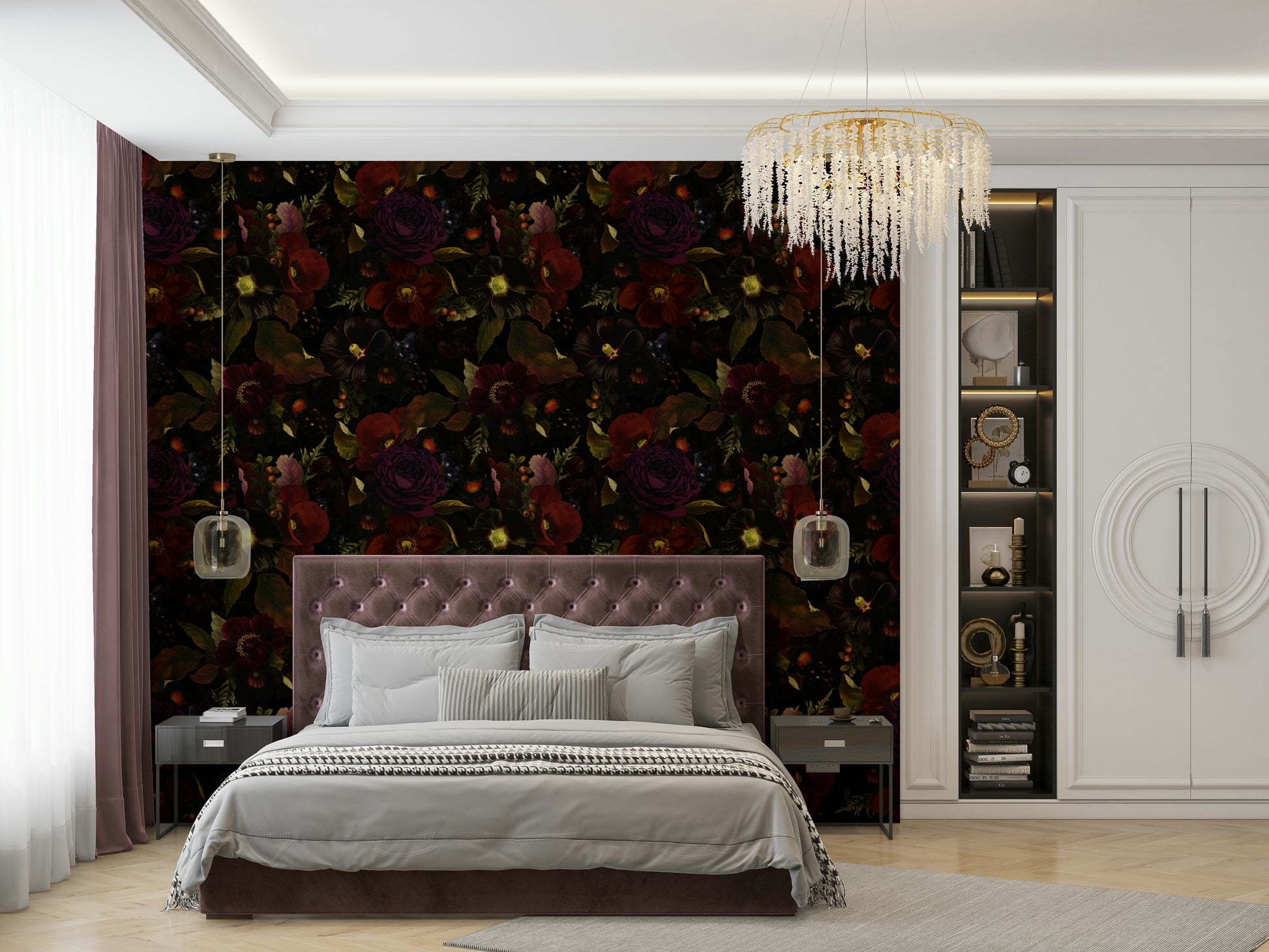 Dramatic grandmillennial floral wall design

