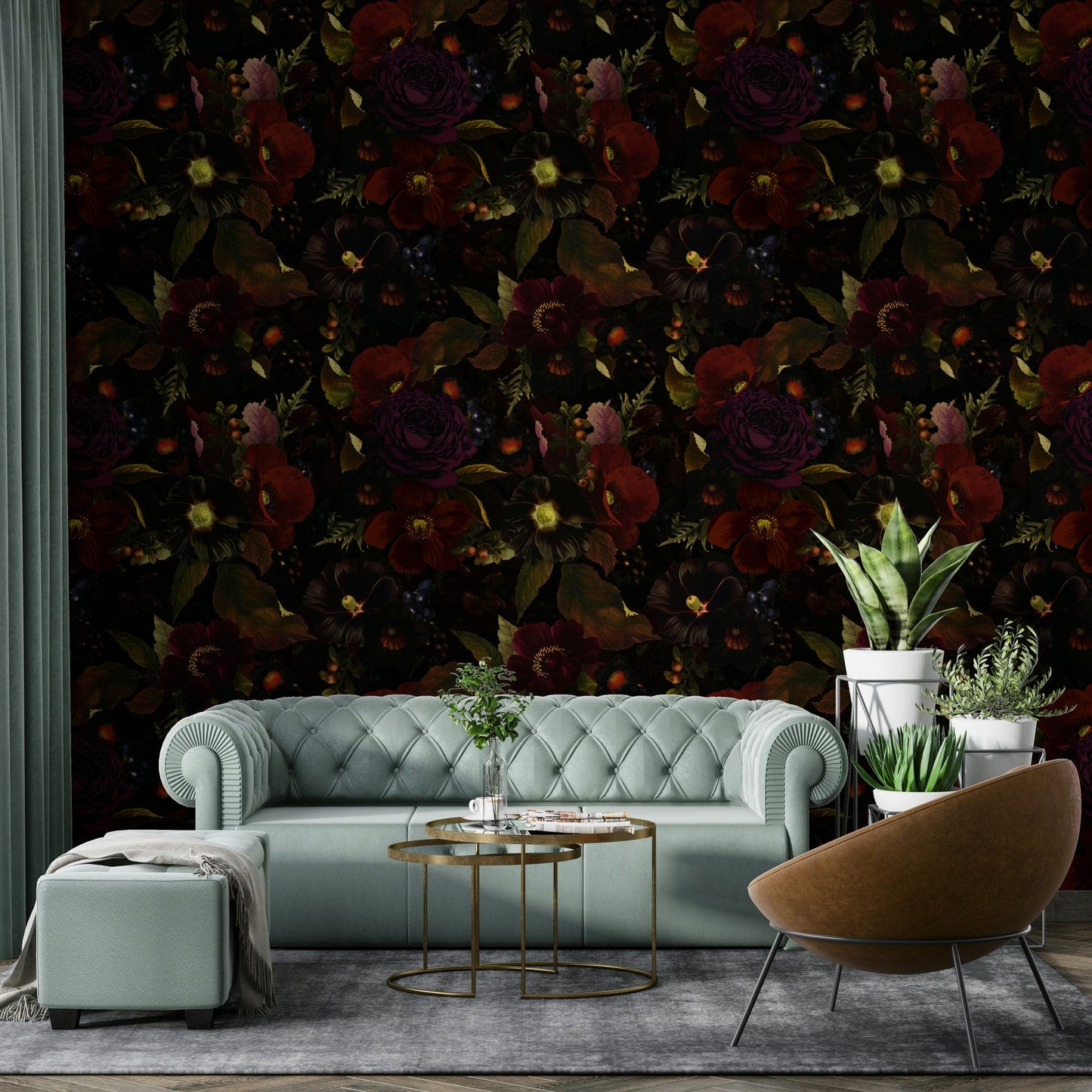 Glamourous dark floral wallpaper grandmillennial look

