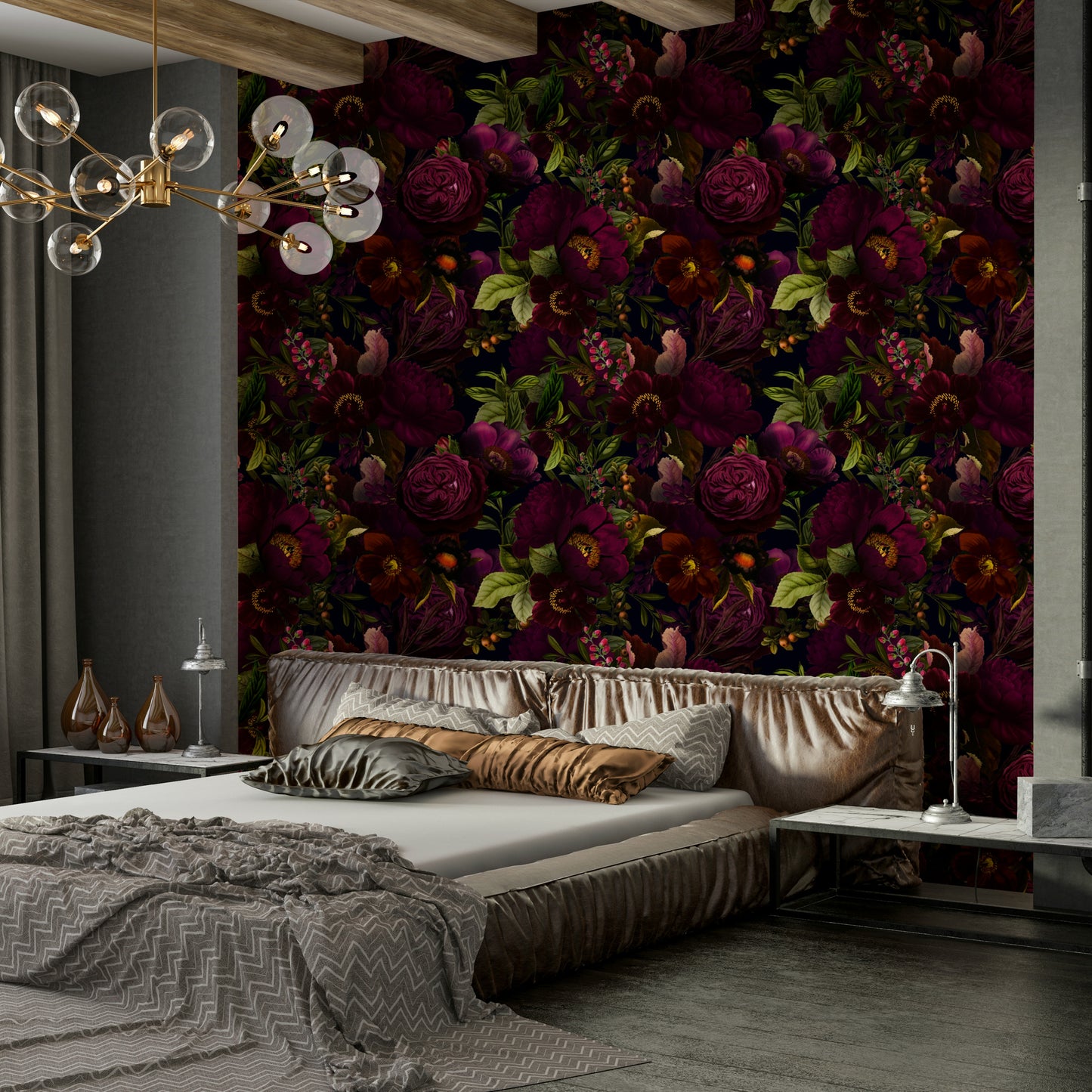 Gothic dark moody florals wallpaper with heritage style

