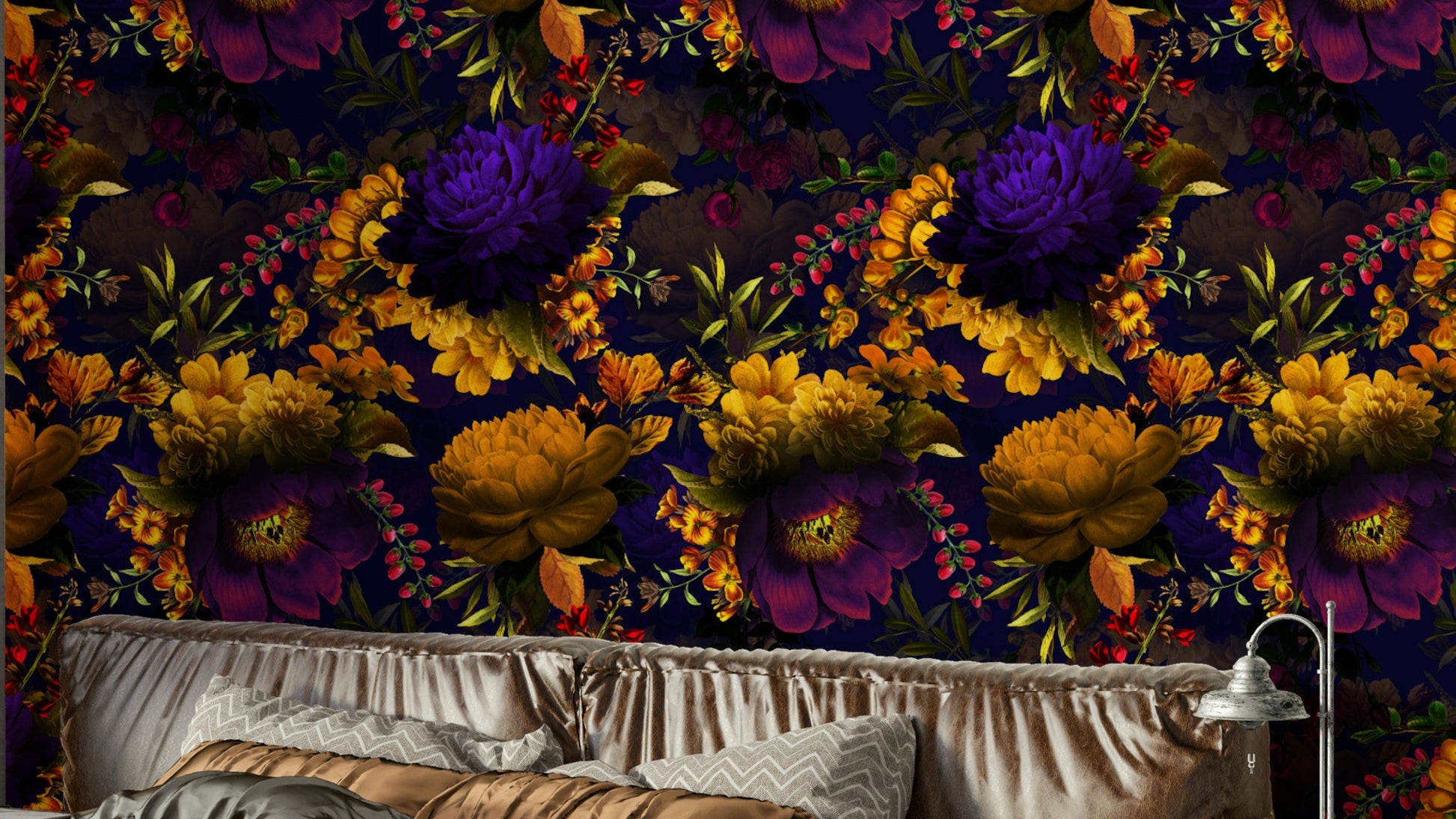 Dark floral Grandmillennial wallpaper with Gothic design

