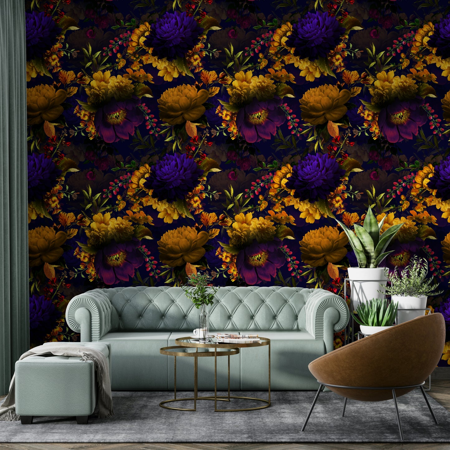 Grandmillennial floral wallpaper with moody, vintage charm


