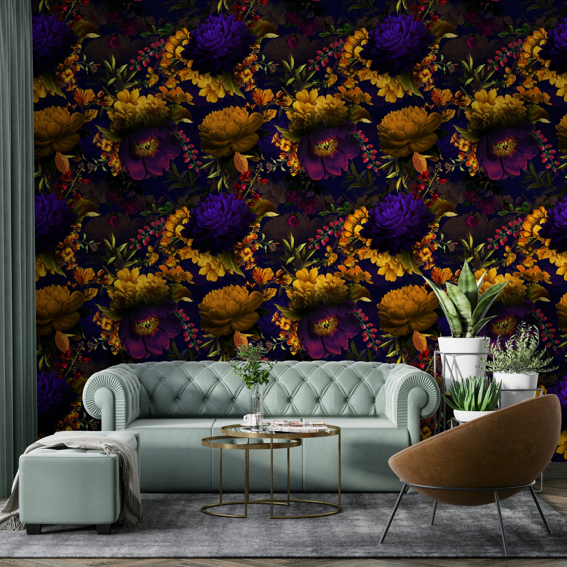 Grandmillennial floral wallpaper with moody, vintage charm

