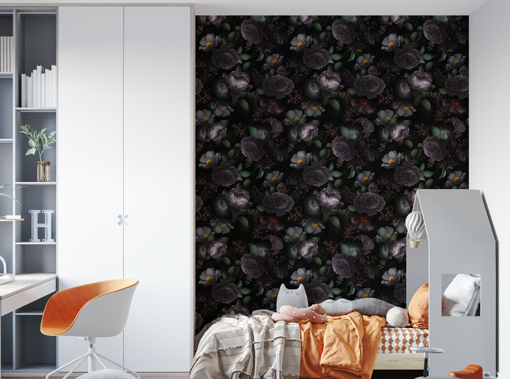 Grandmillennial floral wallpaper with vintage Gothic elements

