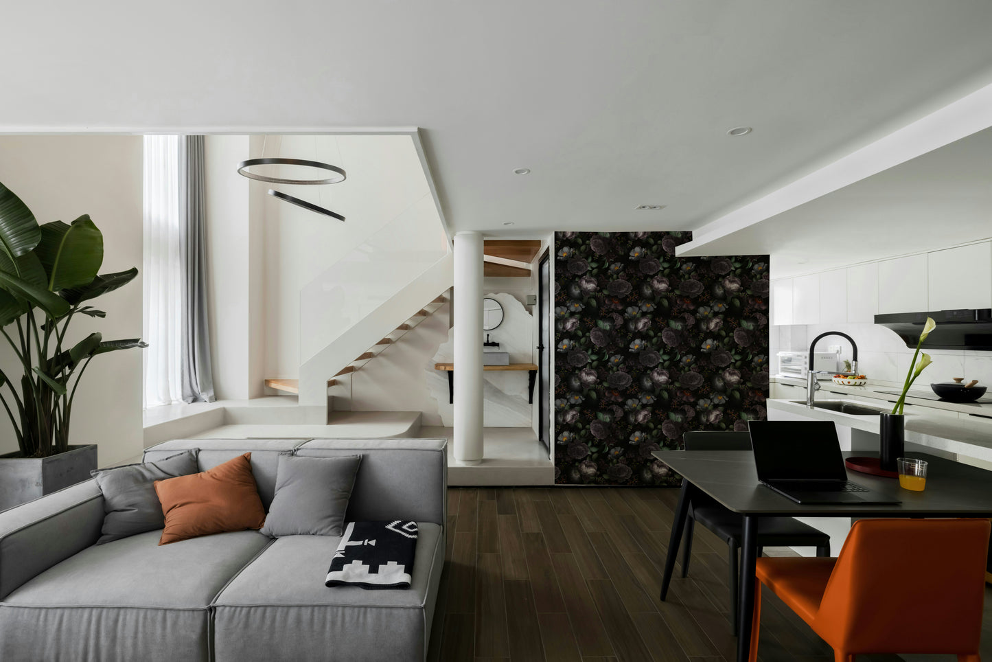 Bold, intricate floral wallpaper with dark hues for interiors

