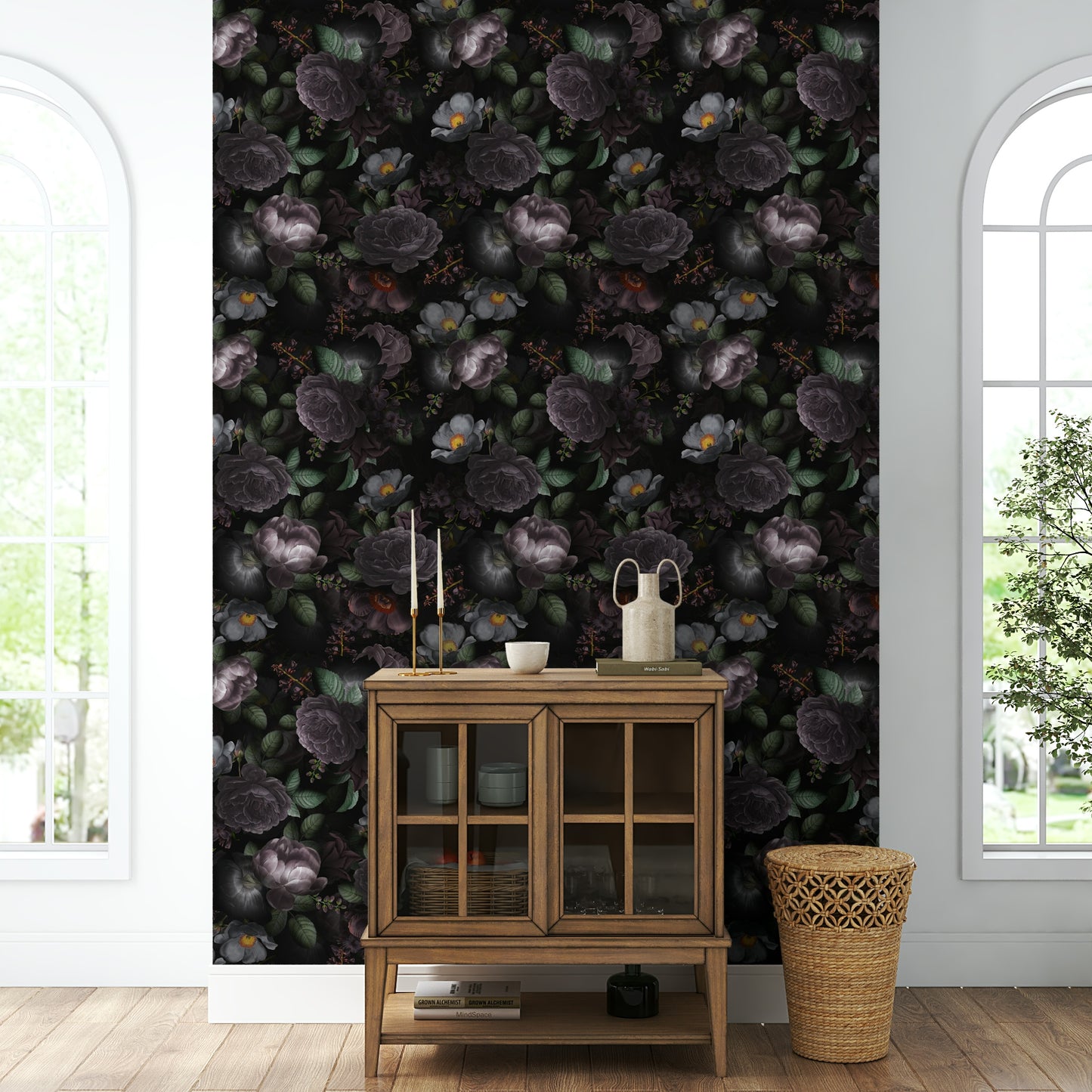 Gothic-inspired floral wallpaper with moody dark tones

