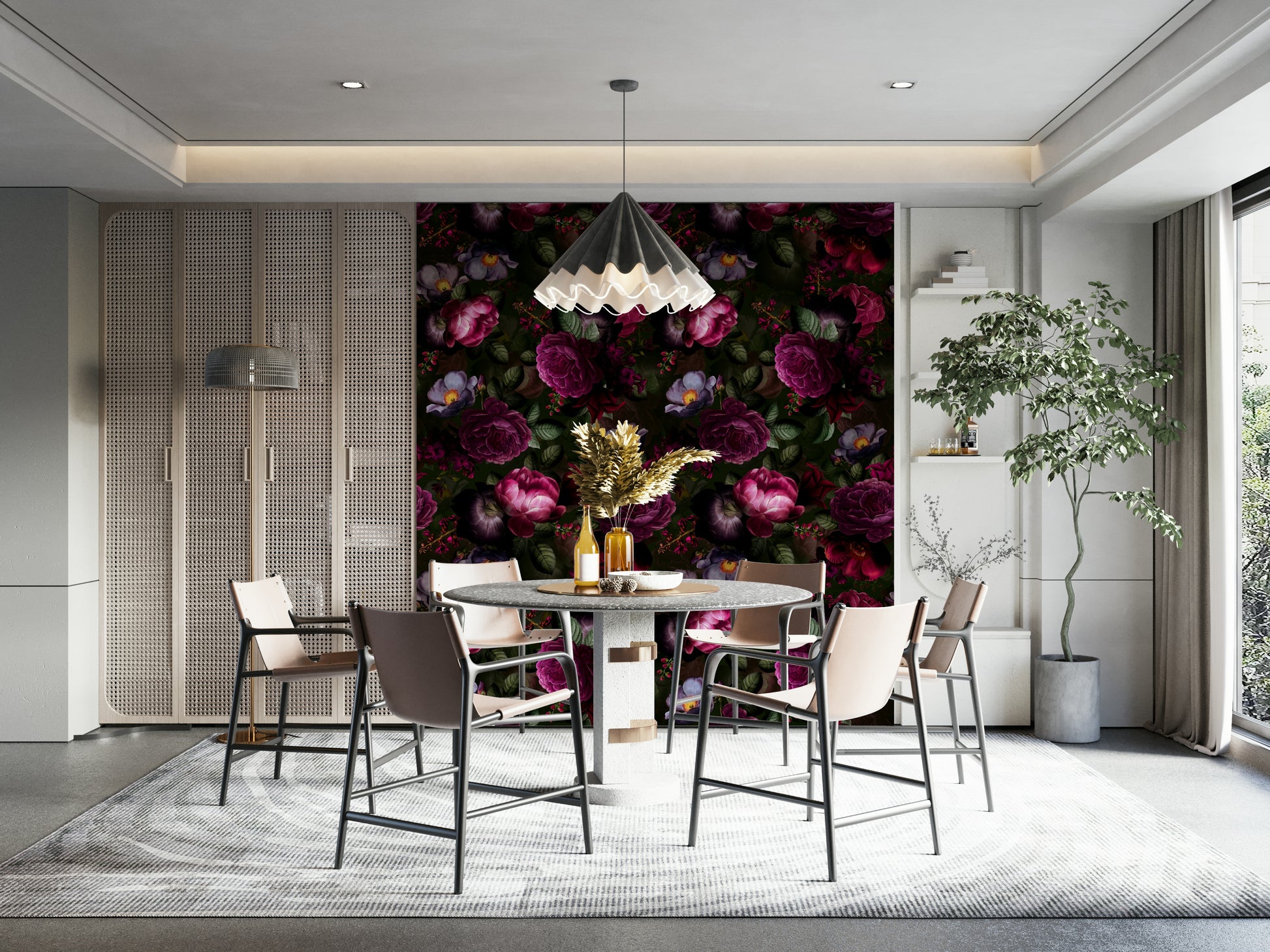 Moody floral wallpaper mural adding vintage glamour and sophistication.

