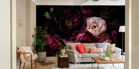 Vintage floral wall mural with rich dark peonies for elegance.

