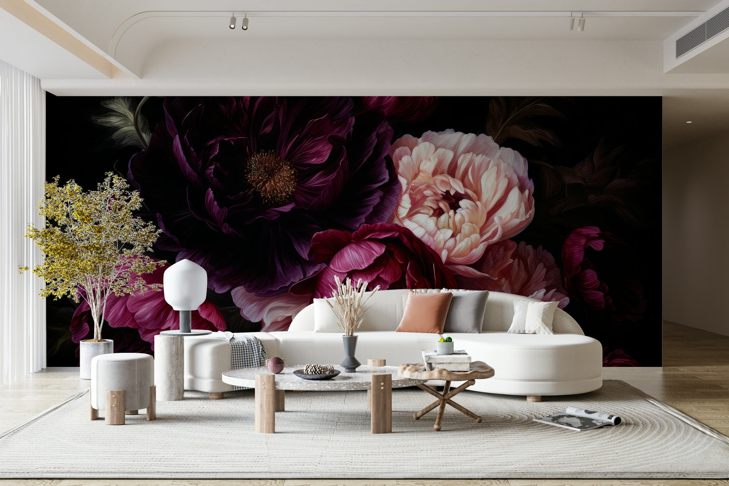Grandmillennial dark peony floral wall mural for dramatic elegance.

