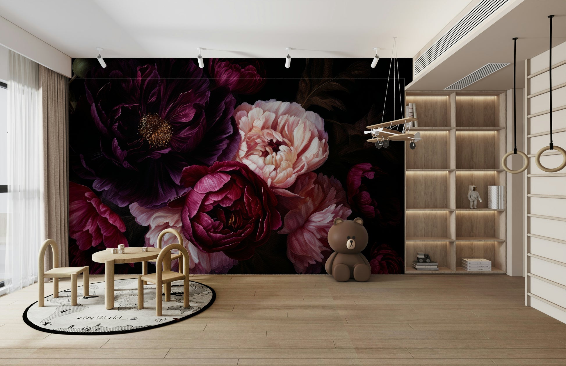 Dark floral mural with peonies creating a bold, gothic atmosphere.

