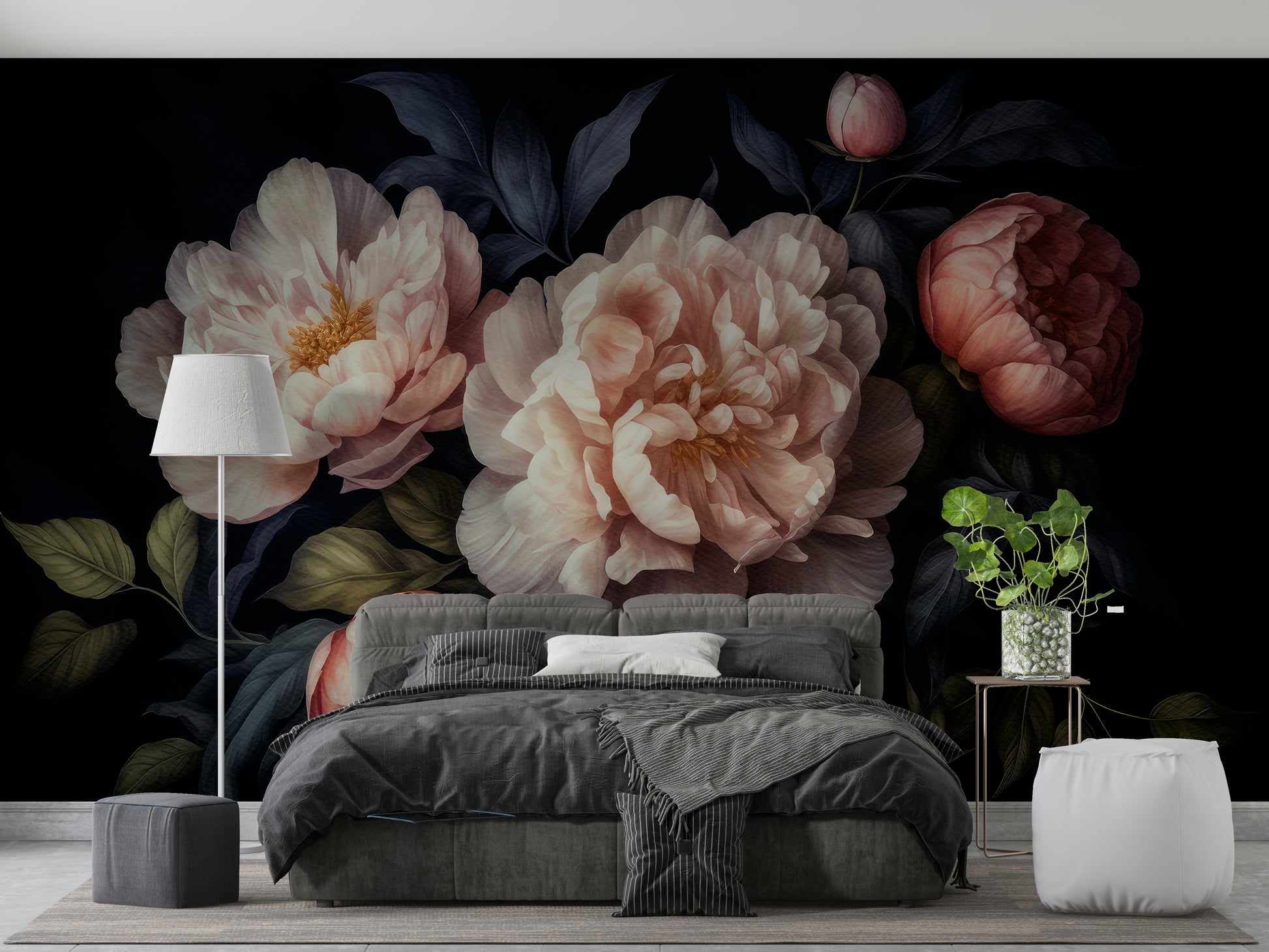 Sophisticated dark peony floral mural with gothic elegance.

