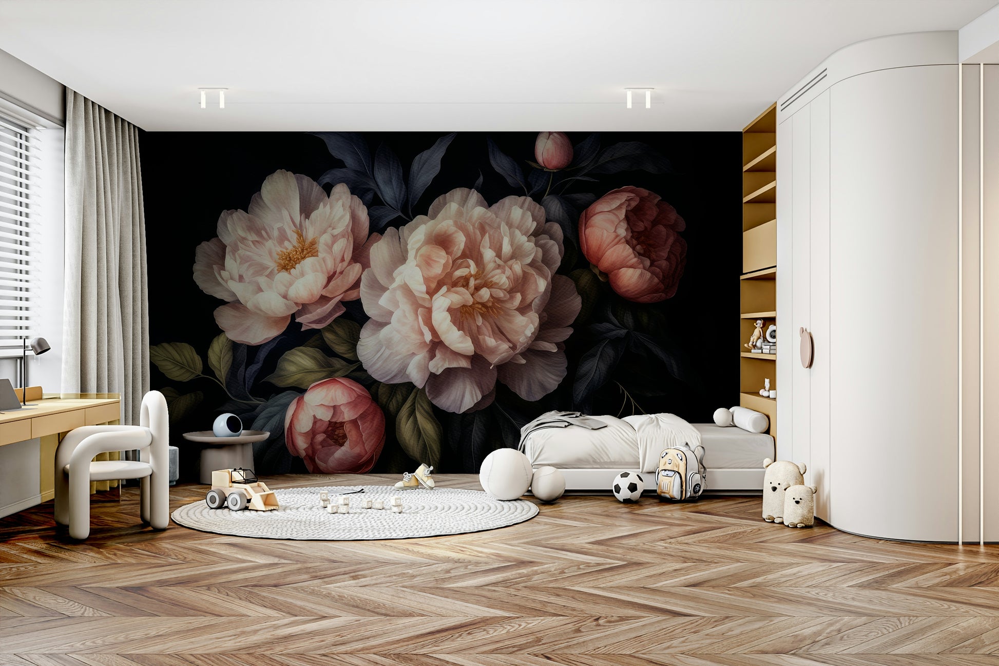 Dramatic dark floral wall mural with peony design for interiors.

