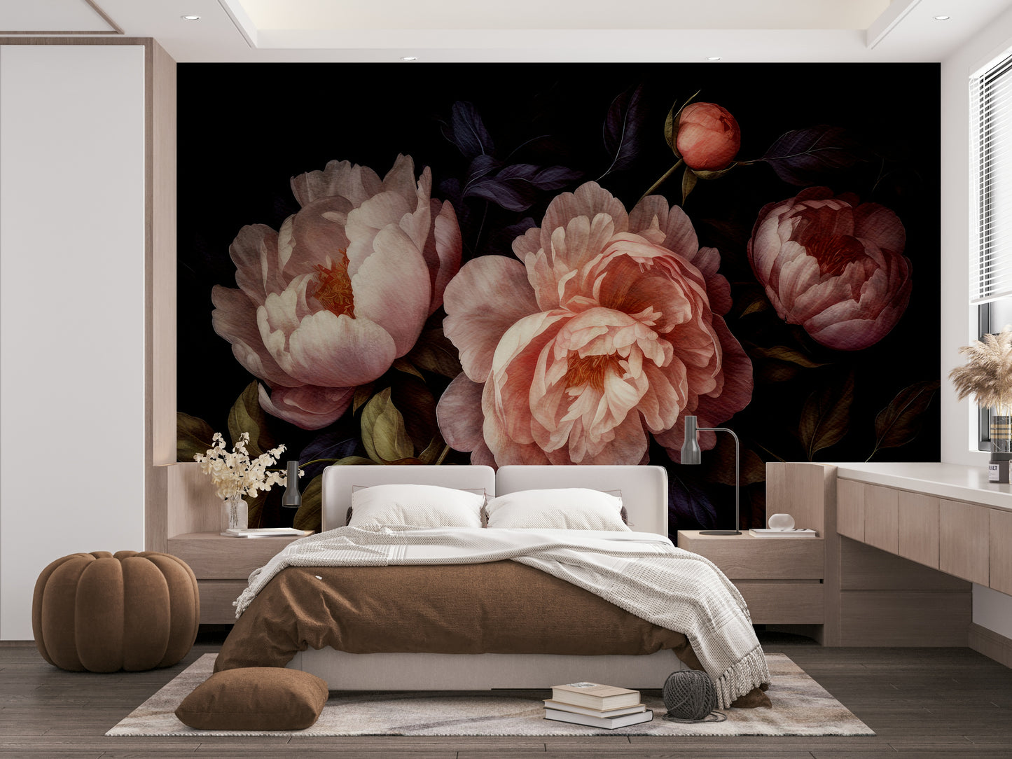 Moody floral peonies wall mural for a dramatic home atmosphere.

