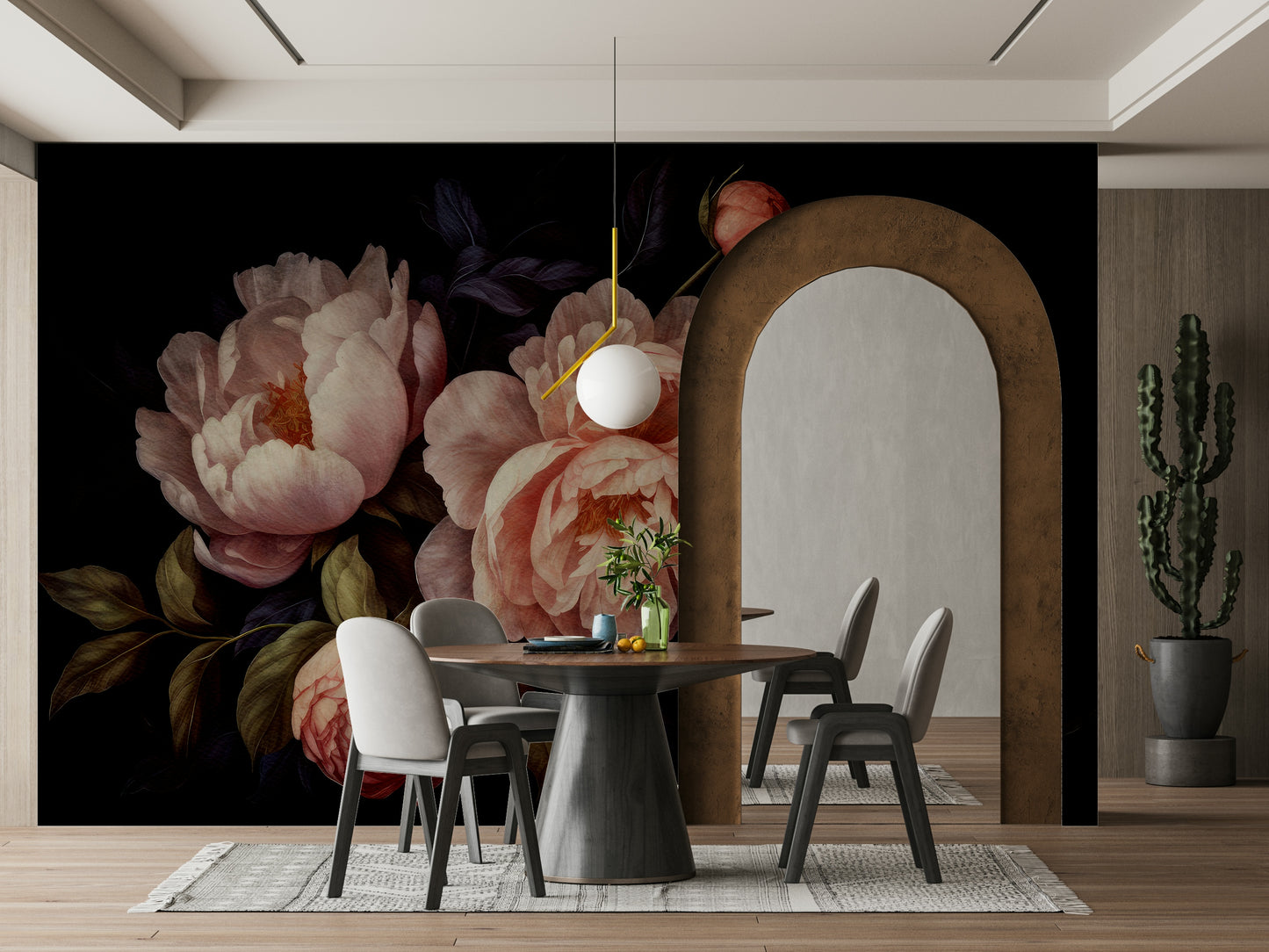 Grandmillennial gothic peach peonies mural for bold elegance.


