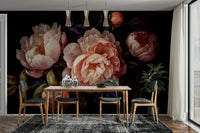 Dramatic moody floral mural with vintage peach peonies design.

