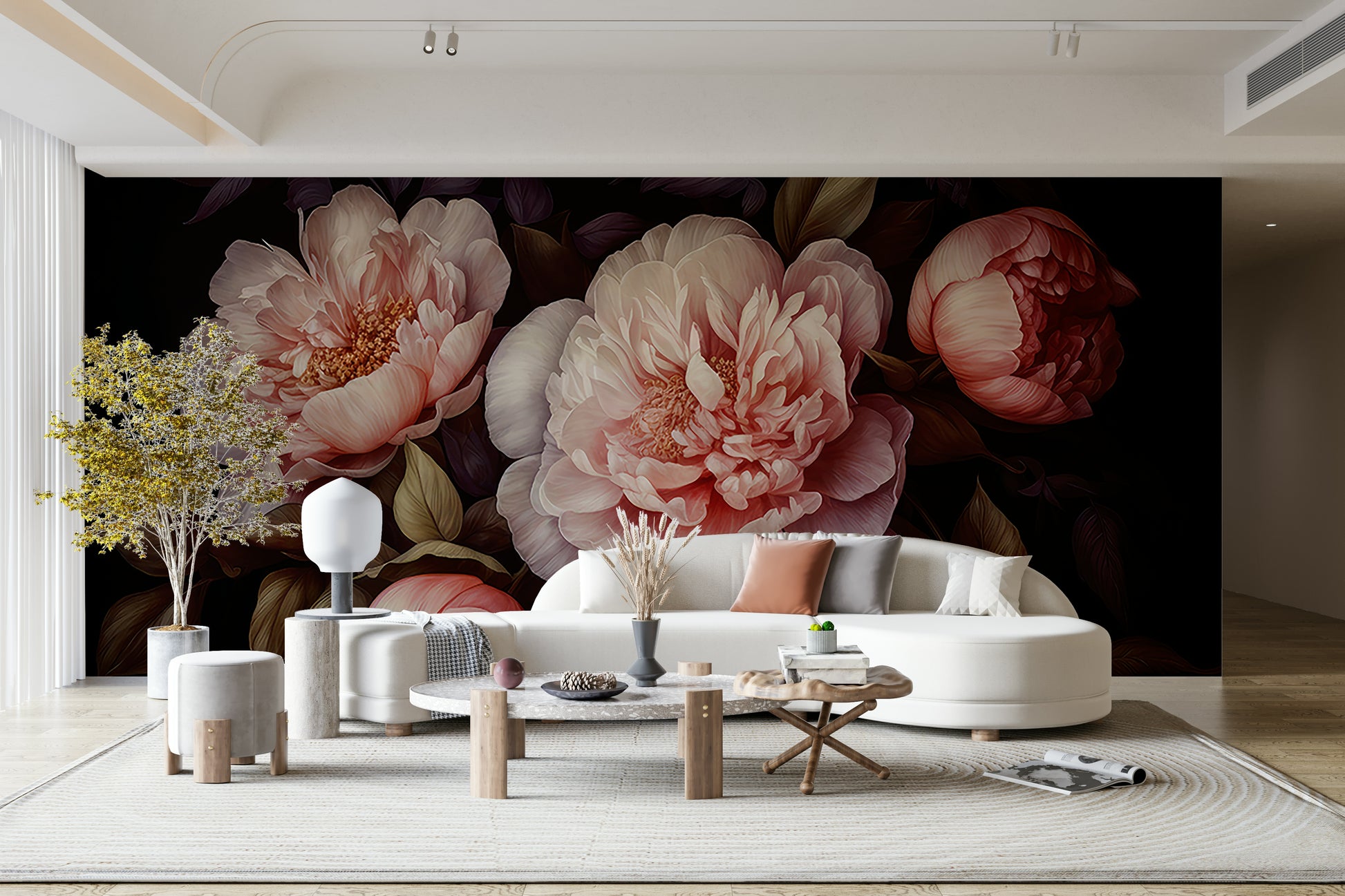 Grandmillennial dark floral wall mural bringing bold glamour.


