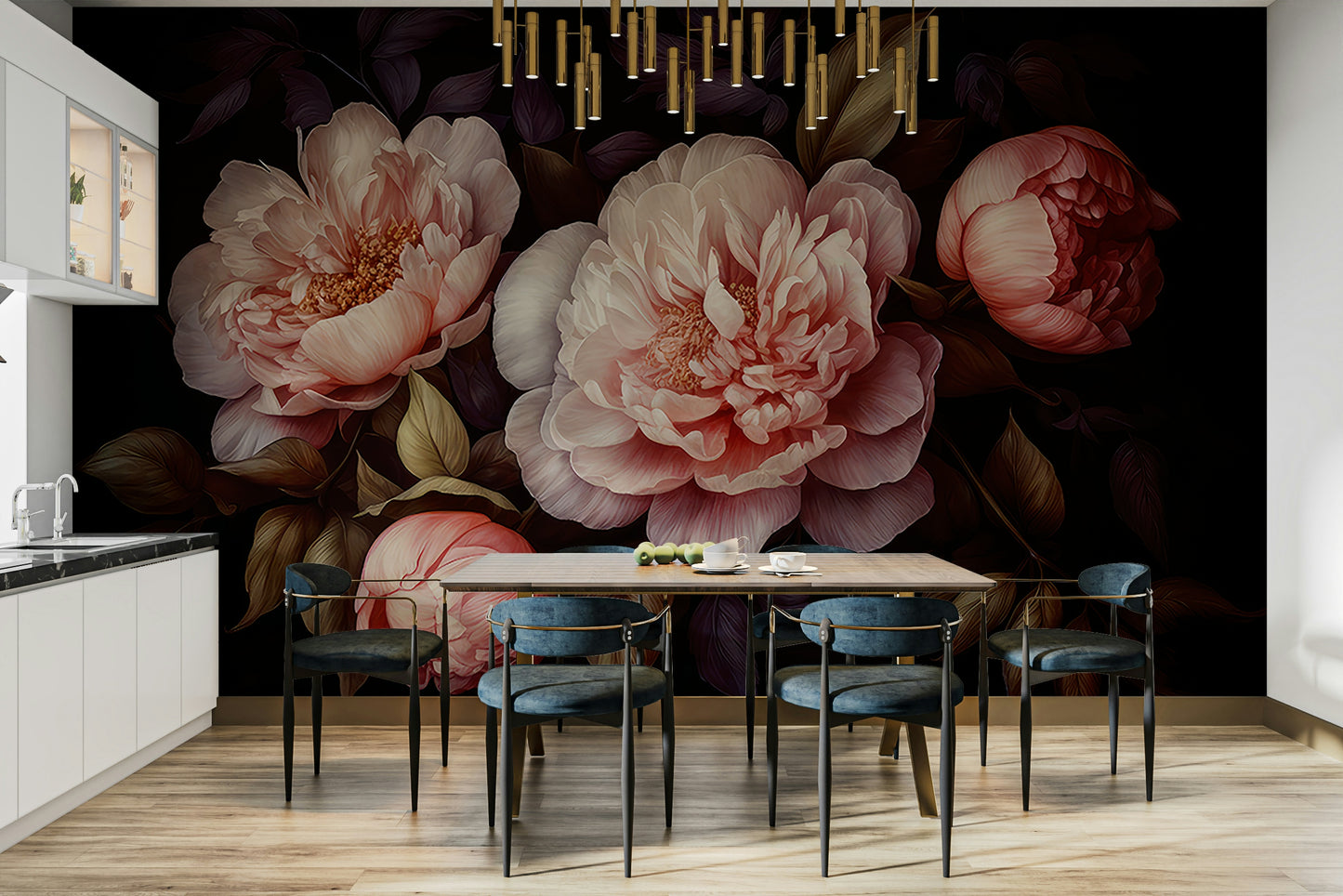 Intricate gothic floral mural with deep, dramatic peony tones.

