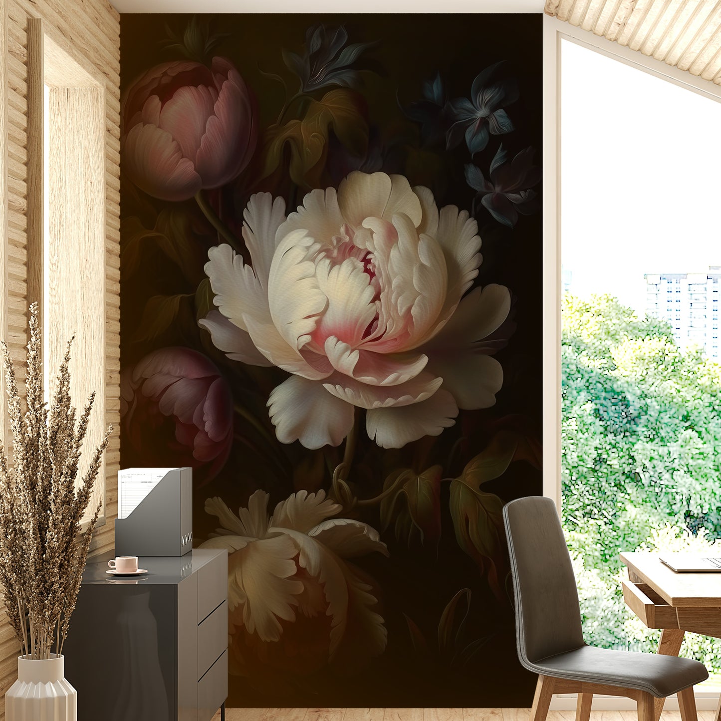 Vintage gothic floral mural wallpaper for luxurious interiors.

