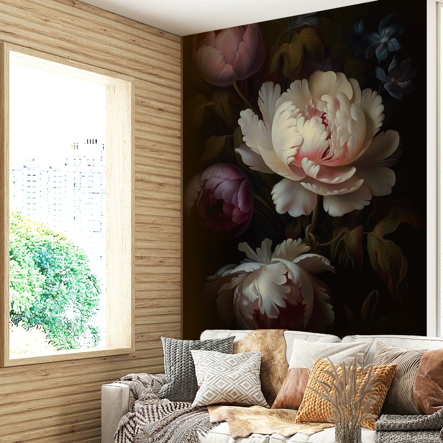 Grandmillennial floral wall mural with gothic vintage charm.

