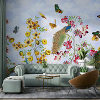 Luxury peacock mural wallpaper with vintage garden design.

