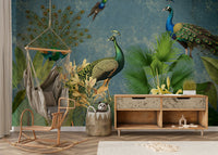 Exotic vintage peacock mural for living room or bedroom walls.

