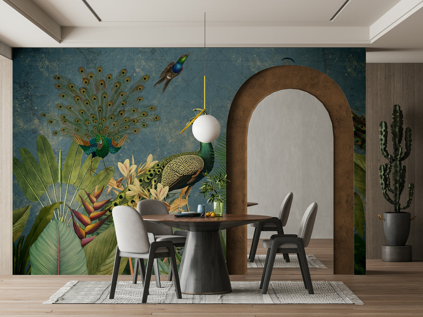 Vibrant peacock mural wallpaper creating a statement wall.

