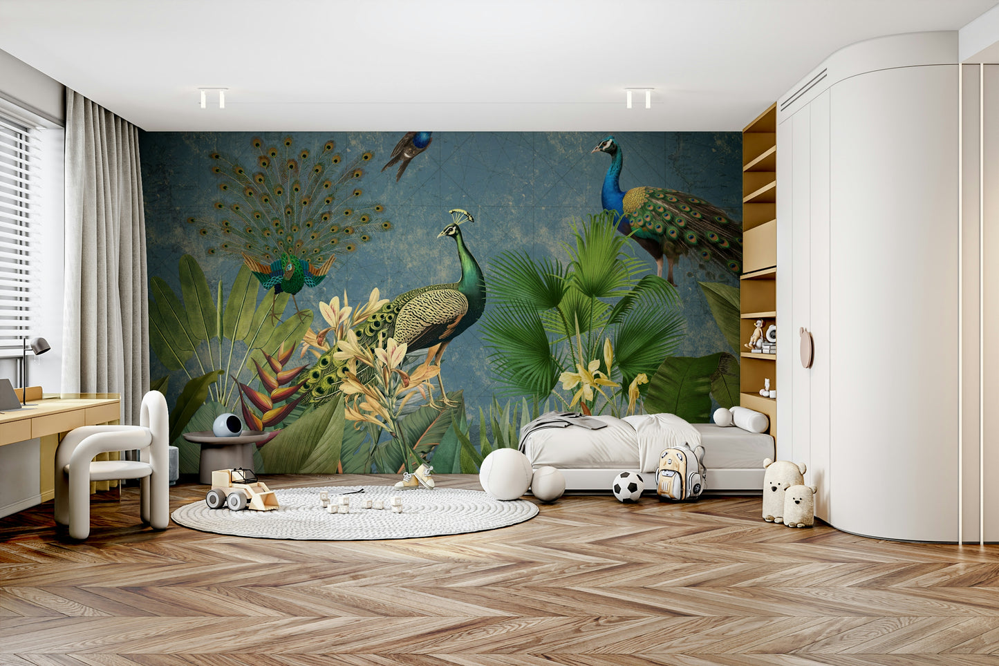 Elegant vintage peacock wall mural with rich colors and details.

