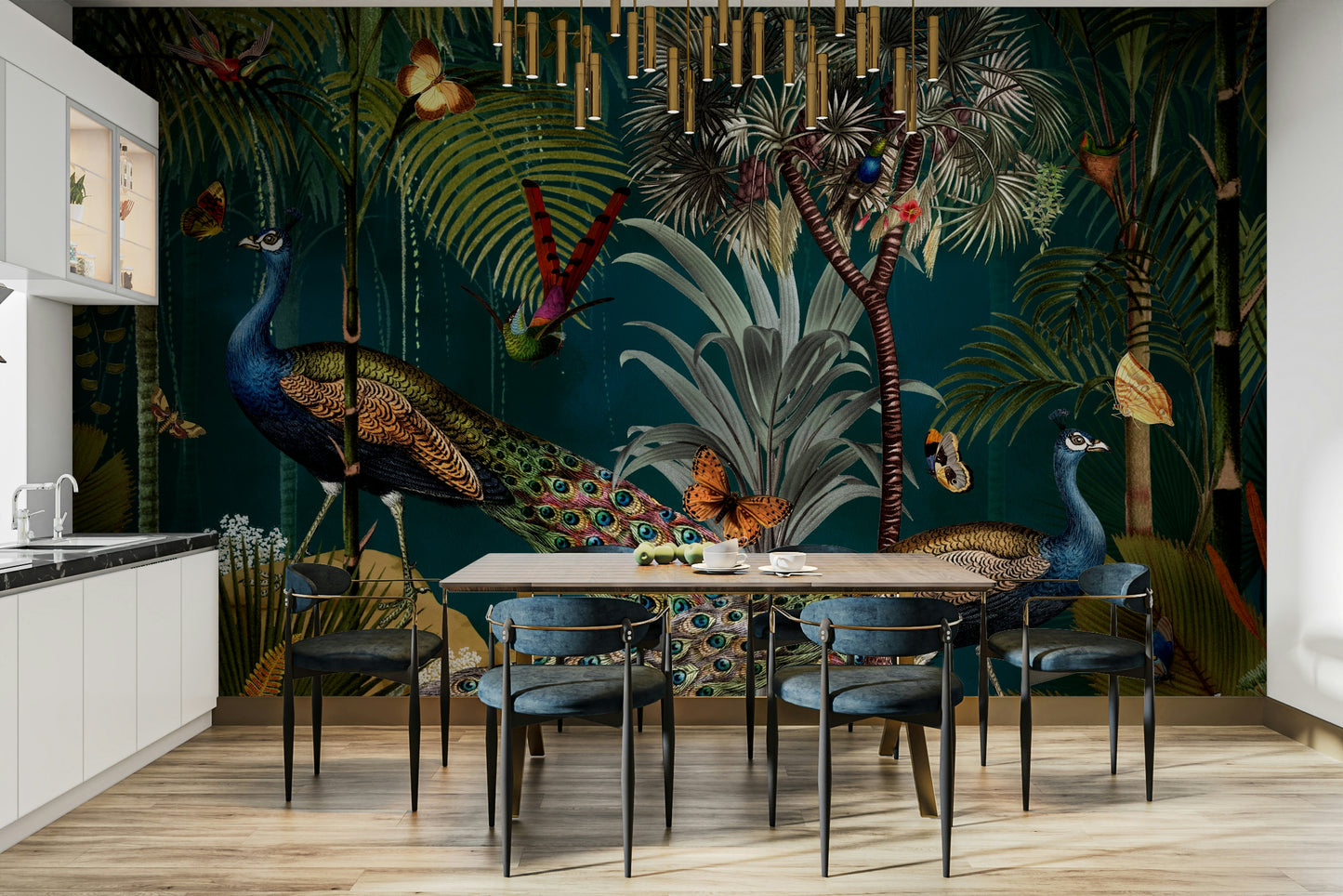 Exotic vintage peacock mural bringing beauty to living rooms.

