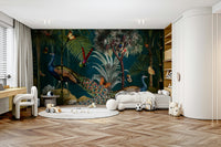 Twilight paradise wall mural featuring a detailed peacock.

