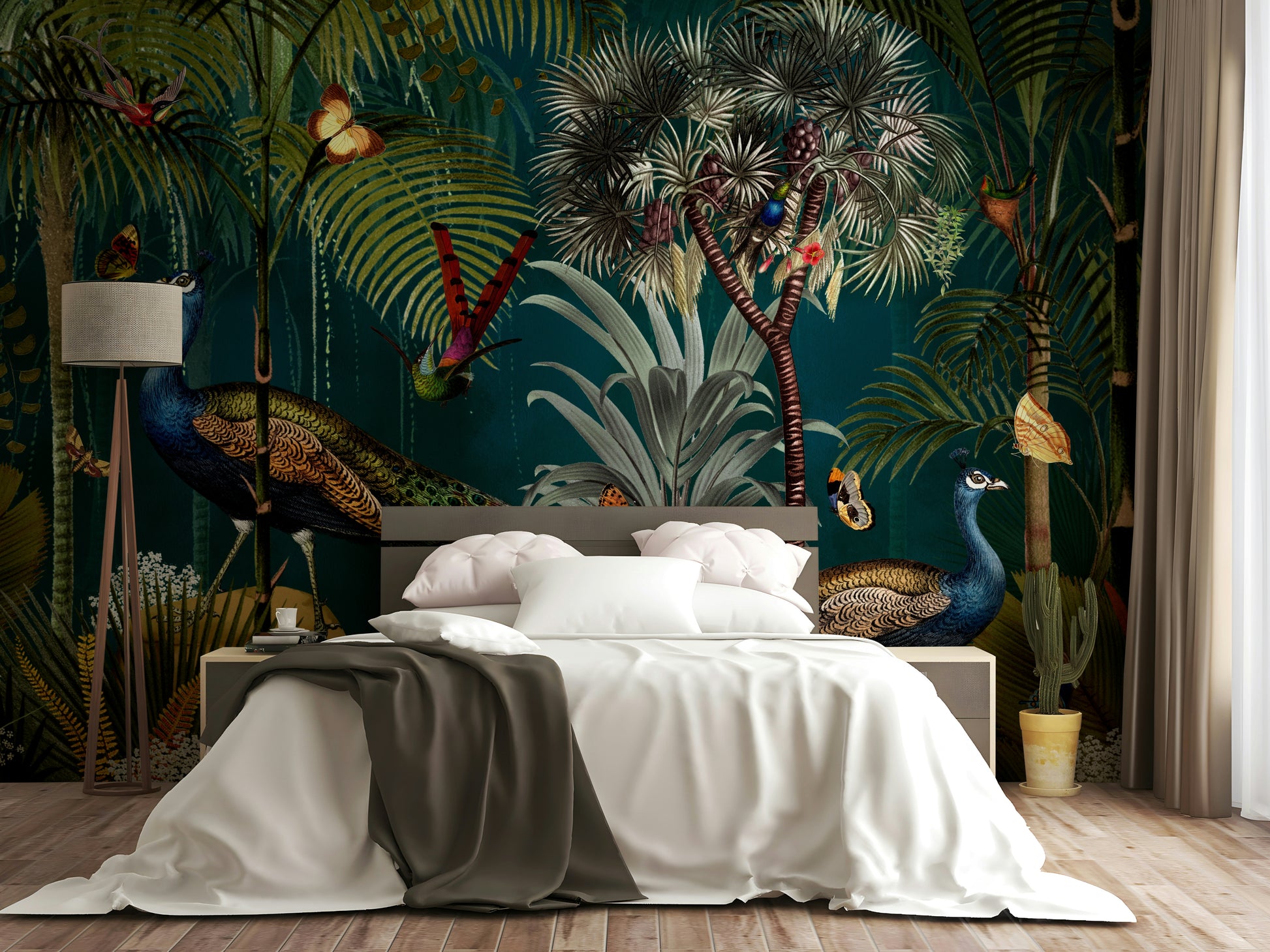 Vintage peacock mural wallpaper with vibrant colors for walls.

