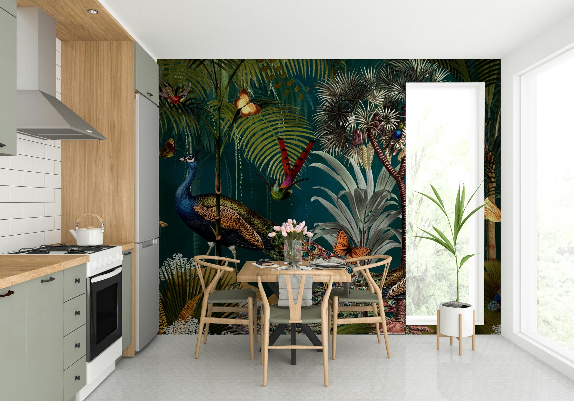 Stunning peacock twilight mural for creating a stylish room.

