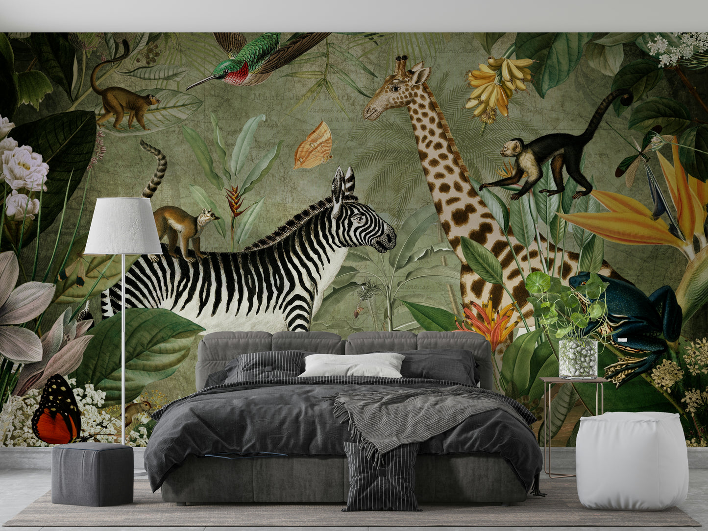 Jungle mural wallpaper with vintage wildlife illustrations.

