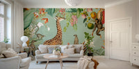 Exotic tropical wall mural with vintage charm and wildlife

