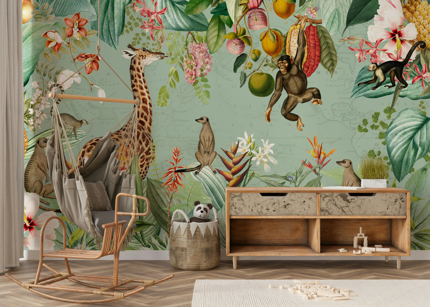 Lush tropical plants and flowers in a vintage mural design

