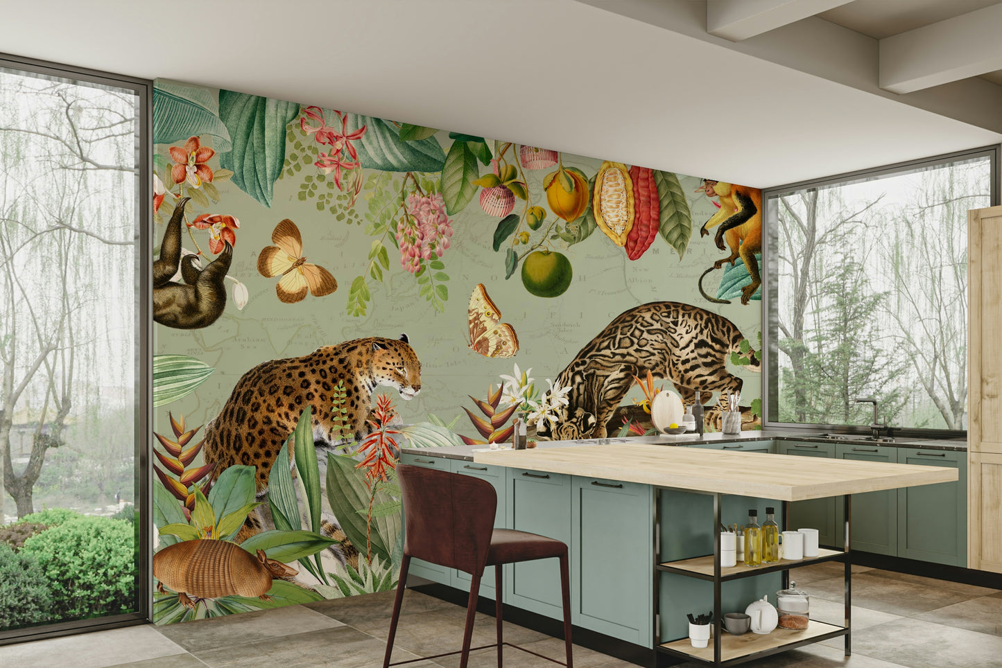 Vintage tropical mural with detailed plants and exotic wildlife

