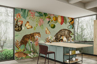 Vintage tropical mural with detailed plants and exotic wildlife

