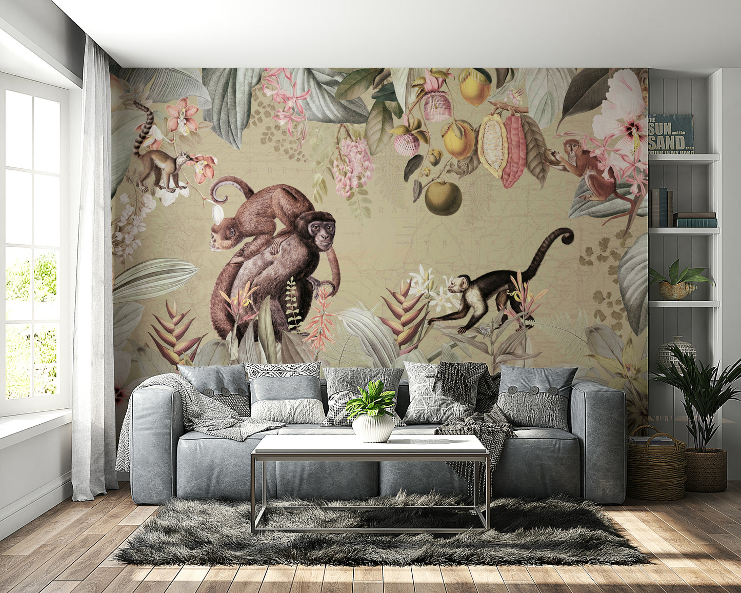 Lush foliage and flowers in a vintage botanical mural design


