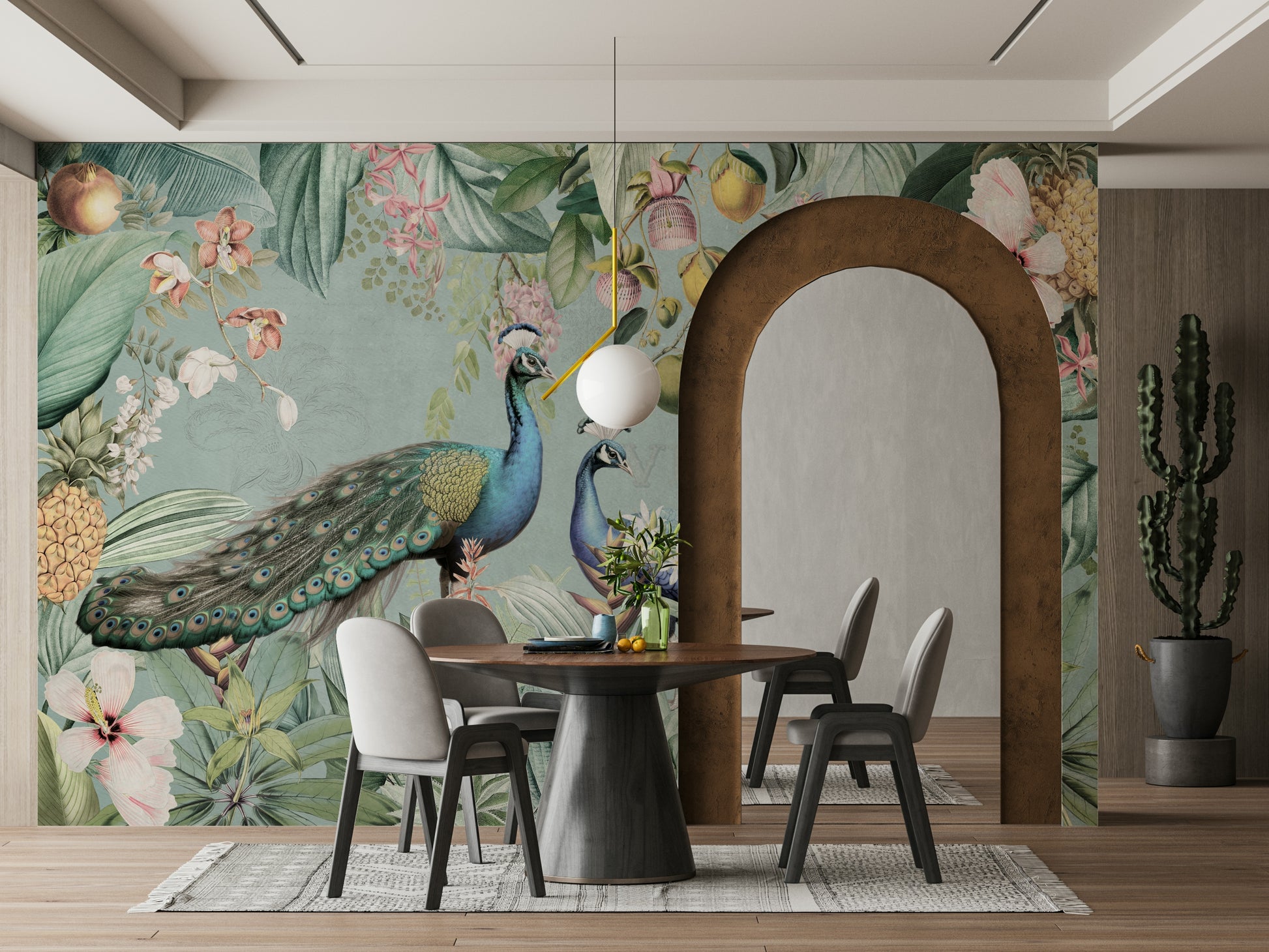 Vintage-inspired tropical mural with vibrant colors and greenery

