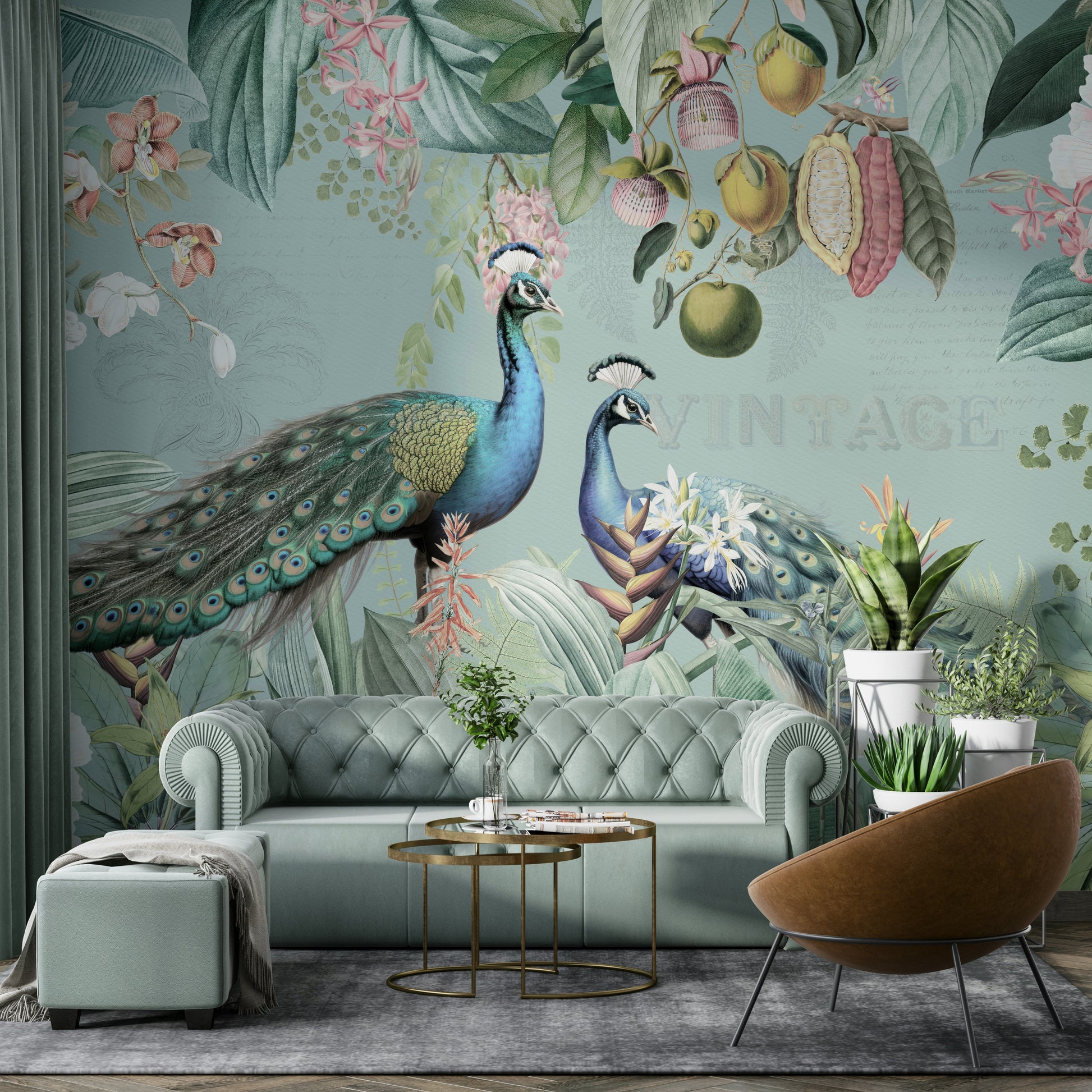 Vintage-inspired mural with tropical flowers and serene beauty

