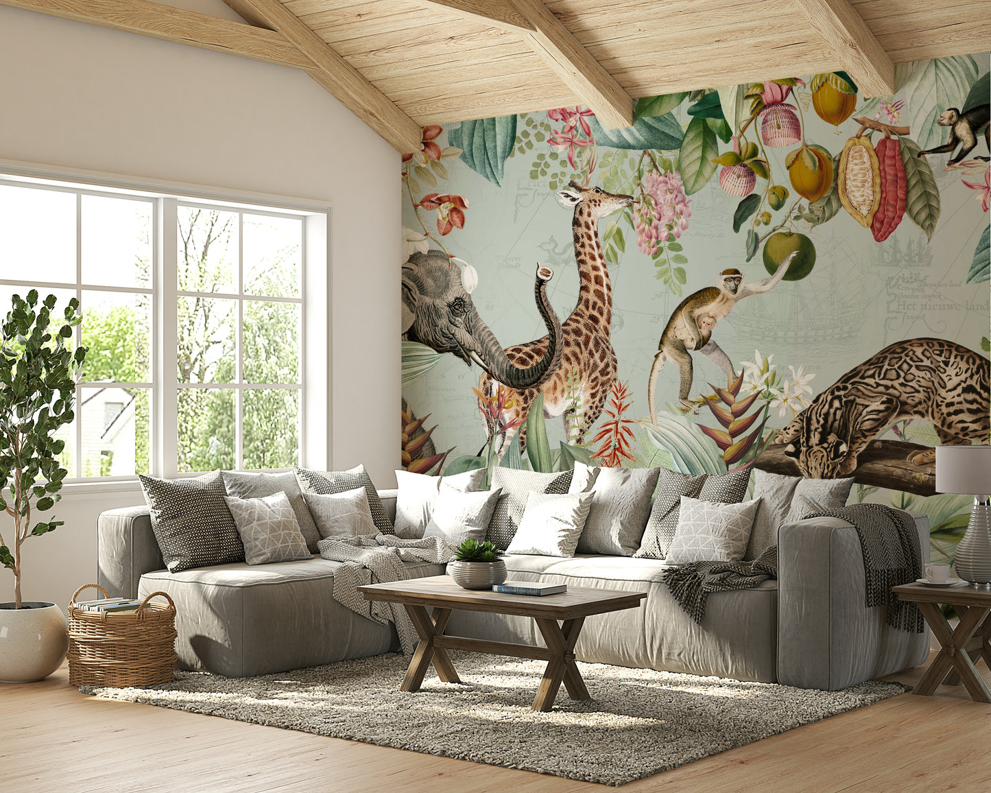 Lush vintage tropical mural with exotic flowers and wildlife

