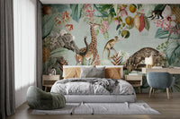 Nature-inspired wall mural with wildlife and vintage tropical design

