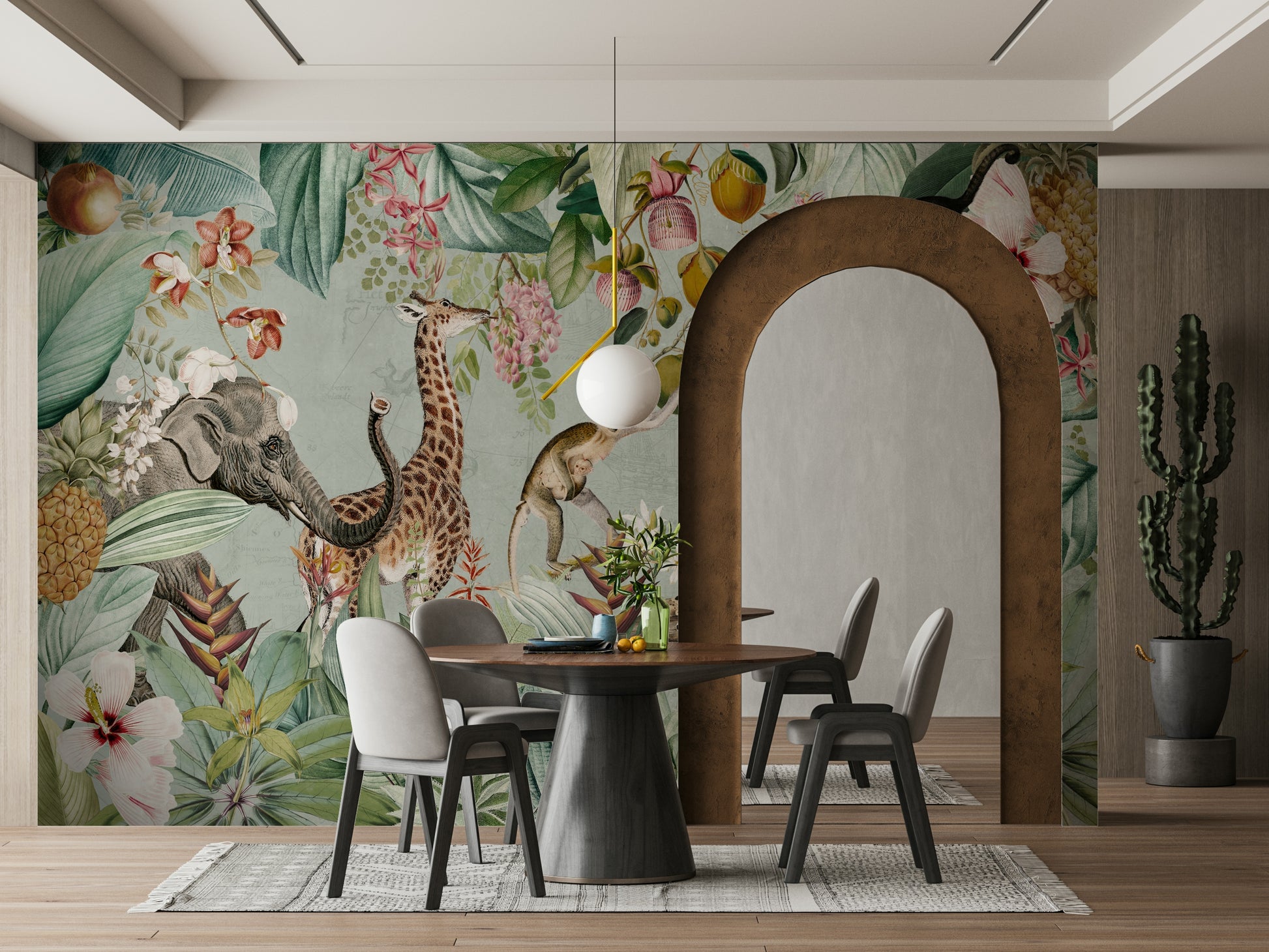 Tropical vintage mural with vibrant greenery and exotic animals


