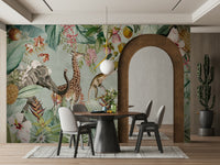 Tropical vintage mural with vibrant greenery and exotic animals

