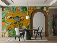 Tropical wall mural featuring vibrant flowers and vintage design

