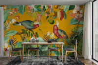 Wall mural with lush tropical plants and vintage charm

