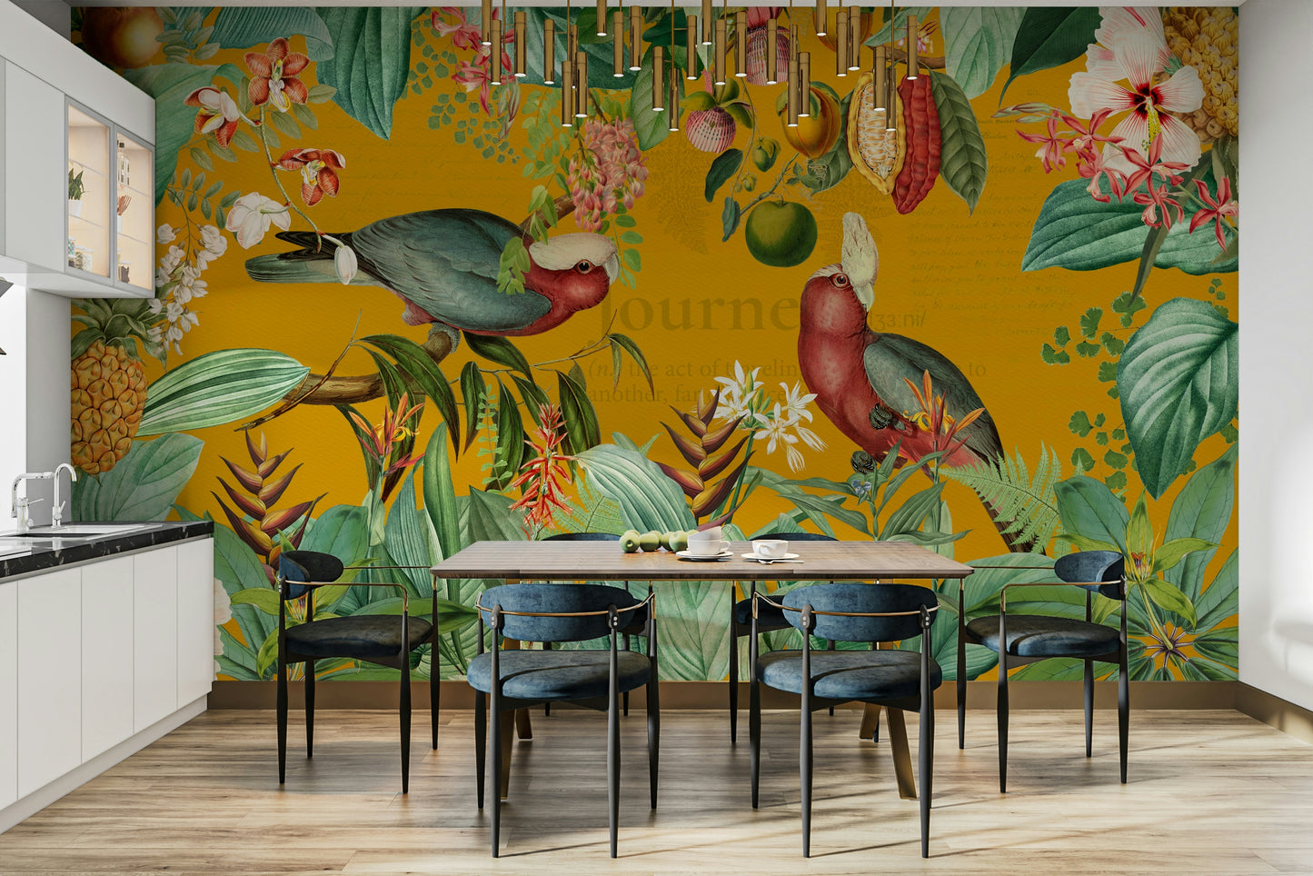 Tropical journey mural wallpaper with bold, vibrant elements

