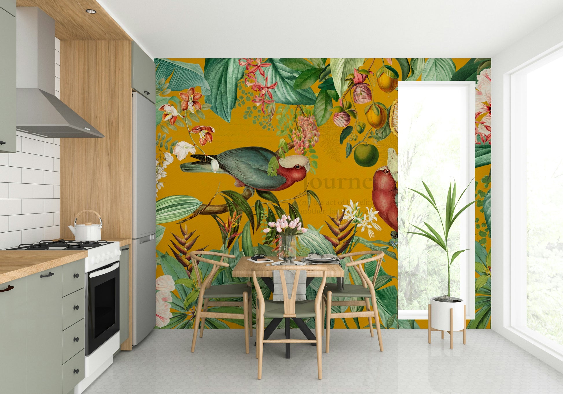Tropical wallpaper mural with exotic foliage and vintage details

